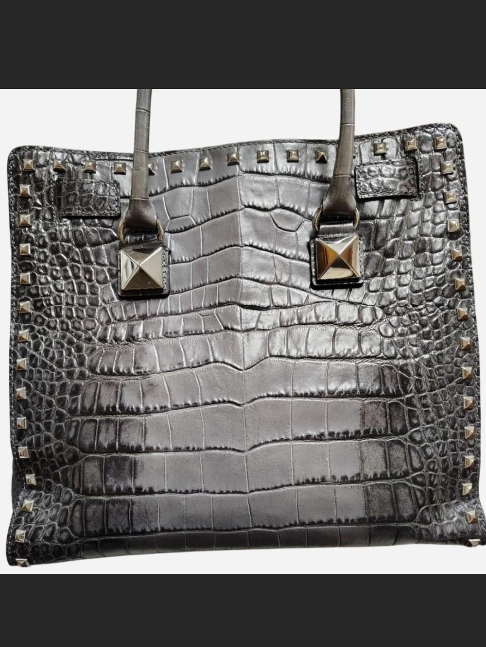 💢 Excellent Condition 💢MK Black & Gray 🩶 Croc-Embossed Stud Large Hamilton - Picture 2 of 8